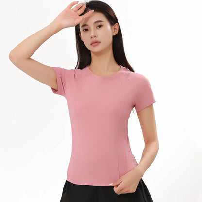 American Minimalist Style Non-marking Yoga Sports Tops Women Round Neck Slim Sports Fitness Mesh Quick Dry Fitness Clothing