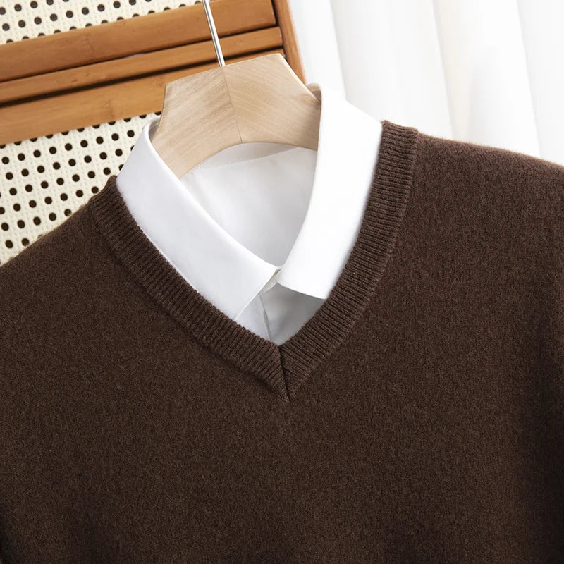 Men 100% Merino Wool Sweater V-Neck Pullover Autumn Winter Cashmere Warm Solid Knitwear Clothes Business Bottoming Soft Tops
