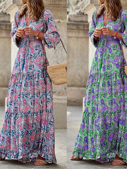 Frauen Herbst neue modische gedruckte sexy V-Ausschnitt Langhülse hohe Taille elastische Taille mittlere Länge Bohemian Kleid