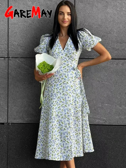 Abito lungo per le donne estive 100% Cotton A-Line Abiti di Midi Muslino con Fiodi laterali Fiori Elegante abito Beige per donne