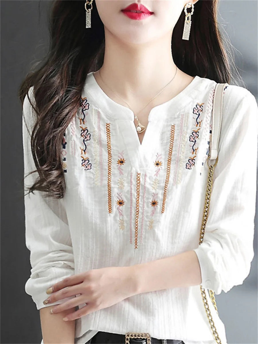 Donne Spring Autumn White Bluse Tops Lady Casual ricamo a v-scollo a v-scollo a maniche lunghe blusas sciolte top top df4272