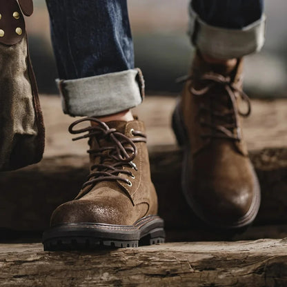 Maden Men's Vintage Split Suede Boots Brown High-Top Work Boots Lace-Up Desert Ankle Rugged Sole Boots Outdoor Winter Fall Shoes