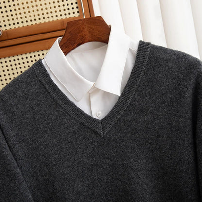 Men 100% Merino Wool Sweater V-Neck Pullover Autumn Winter Cashmere Warm Solid Knitwear Clothes Business Bottoming Soft Tops