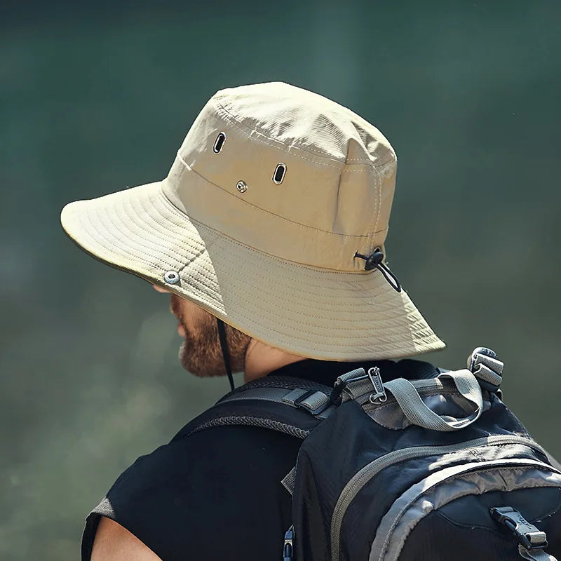 New Men's Wide Brim Sun Sombrera - Sombrero de cubo de safari de protección UV impermeable para pescar escalada escalando al aire libre de gran tamaño