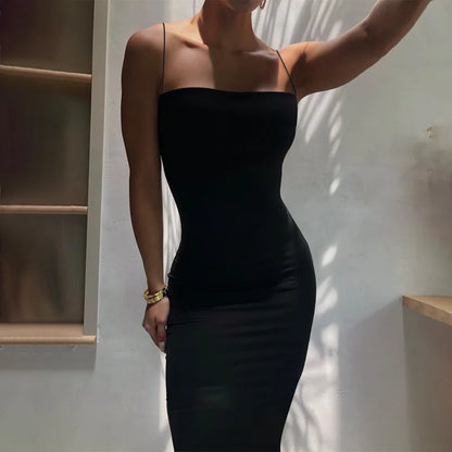 Nyári fekete szexi ruha nők utcai ruházat ujjatlan hát nélküli szilárd spagetti heveder bodycon alkalmi klub ruházat elegáns party ruhák