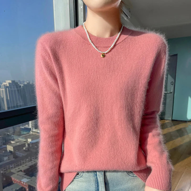 Nuovo maglione in pelliccia di pelliccia Pullover femminile a colori solidi Cashmere maglione a maglia a maglia a maglia e invernale Pullover rotondo Pullover di fascia alta