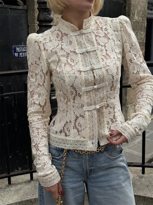 Cămăși tipărite din dantelă de vară Tossy feminin feminin scobind moda naveta vintage see-through bluză din dantelă din dantelă din umeri din umeri
