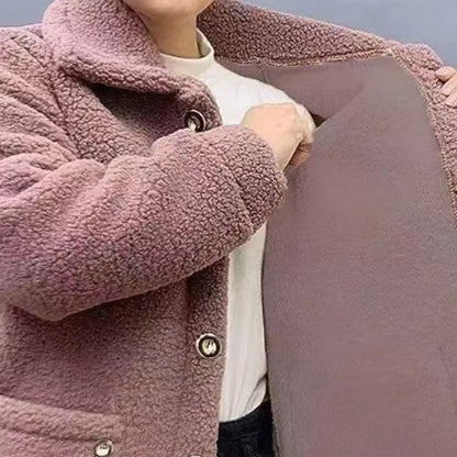 Winter Fleece Coat Single-breasted With Side Pockets Turn-down Collar Coat Coldproof Solid Color Long Sleeves Outwear Jacket