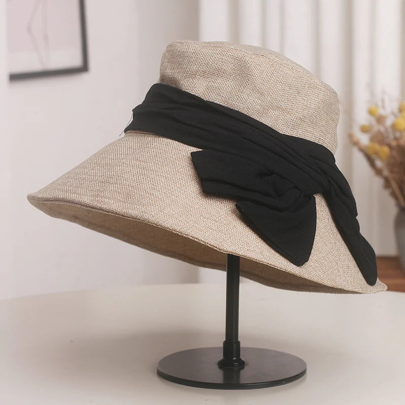 USPOP Elegant Wide Brim Cotton Linen Bucket Hat for Women Summer Sun Hat with Bow Foldable UV Protection Beach Hat