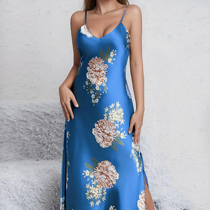 Women Long Nightgown Chemise Sleepwear Print Flower Suspender Nightdress Intimate Lingerie Summer Silk Satin Homewear Loungewear