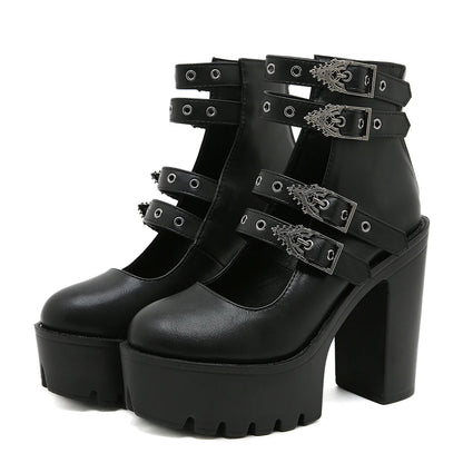 Gdgydh Goth Style Women Block Heels for Halloween Fashion Buckle Strap Dress Pumps Platform Mary Jane Shoes Stylish Back Zipper