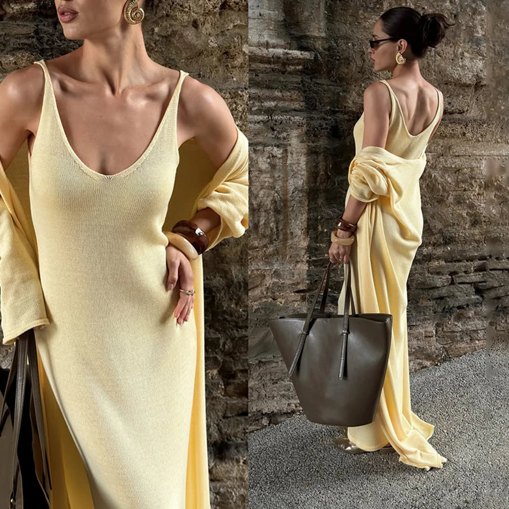 Tuularose žene dugačka haljina 2 komada solidna pletena špageta haljina s dugim rukavima kardigan set casual modne ženke set set