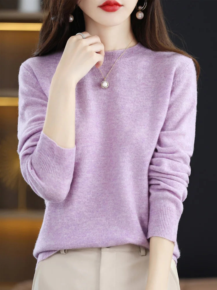 Mode 100% merino ull kvinnors tröja o-hals långärmad pullover vår höst vinter bast Jumper kläder stickkläder toppar
