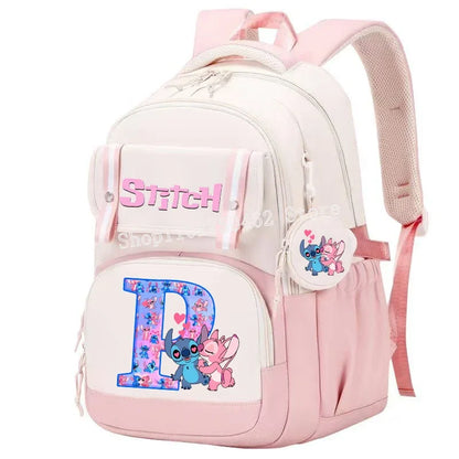 Stitch Angel Backpack Girls Disney Anime Letter A-Z Schoolbags Student School Shoulders Bag Outdoor Sport Travel Rucksack Gift