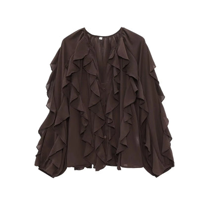 Tangada Women Wine Red Ruffles Shirt Langærmet 2025 Fashion Oversized Blouse Tops 3H0011