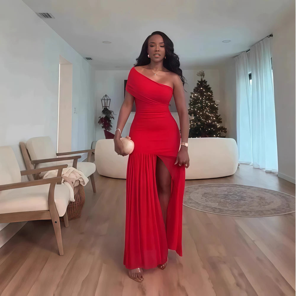Stilvoller Abend sexy Club Party Urlaub Maxikleid für Frauen elegant schief hals ein ärm von schulter messch schlitz long kleider