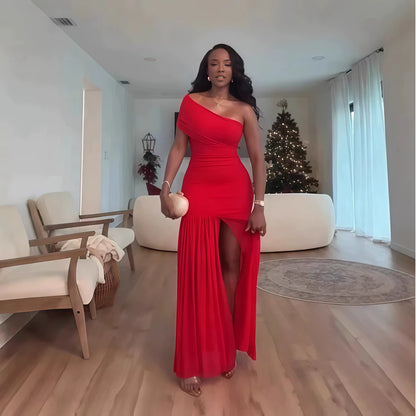 Stilvoller Abend sexy Club Party Urlaub Maxikleid für Frauen elegant schief hals ein ärm von schulter messch schlitz long kleider