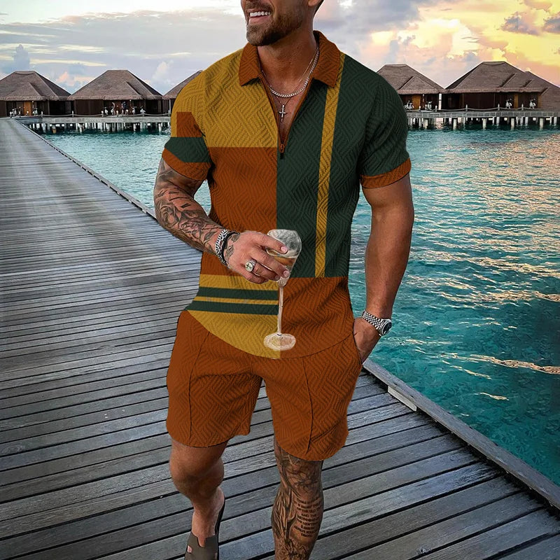 3D Print Nationality Style Men's Short Sleeve Sets Fashion Tee Shorts 2 Piece Outfit Casual Zipper Polo Shirts Summer Loose Suit