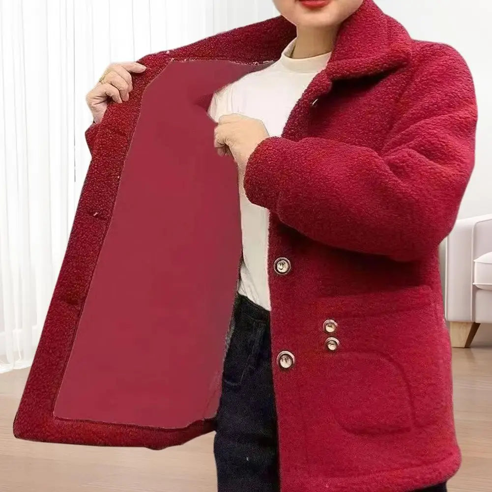 Winter Fleece Coat Single-breasted With Side Pockets Turn-down Collar Coat Coldproof Solid Color Long Sleeves Outwear Jacket