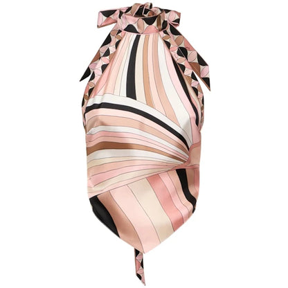 Skriv ut oregelbundna kvinnors korta kjoldräkter halter spetsar upp backless ärmlös tank topp hög midja set sommar lady strand kläder