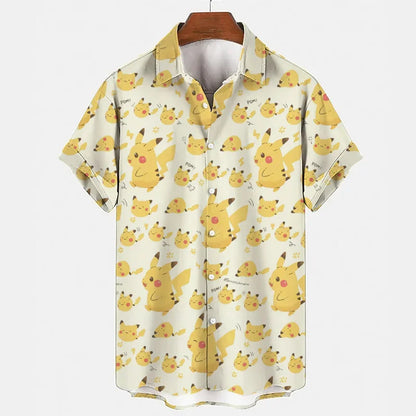 Pokemon Pikachu Gengar Snorlax Shirts floraux Men Femmes Short Short Sleeves Bouton Couple de pyjamas Set Trendy Beach Coat Anime