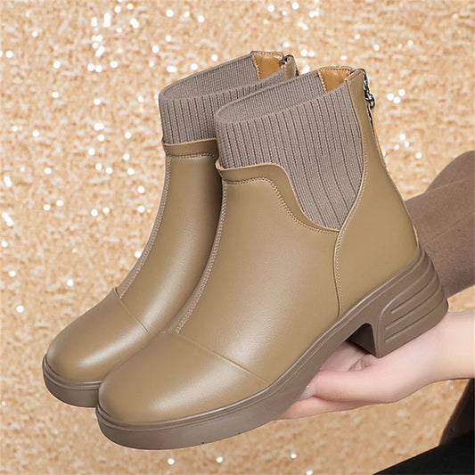 Winter Warm Elegant Anti-slip Medium Heels Thick Plush Short Boots for Woman Zipper Comfort Punk Style Ankle Boots