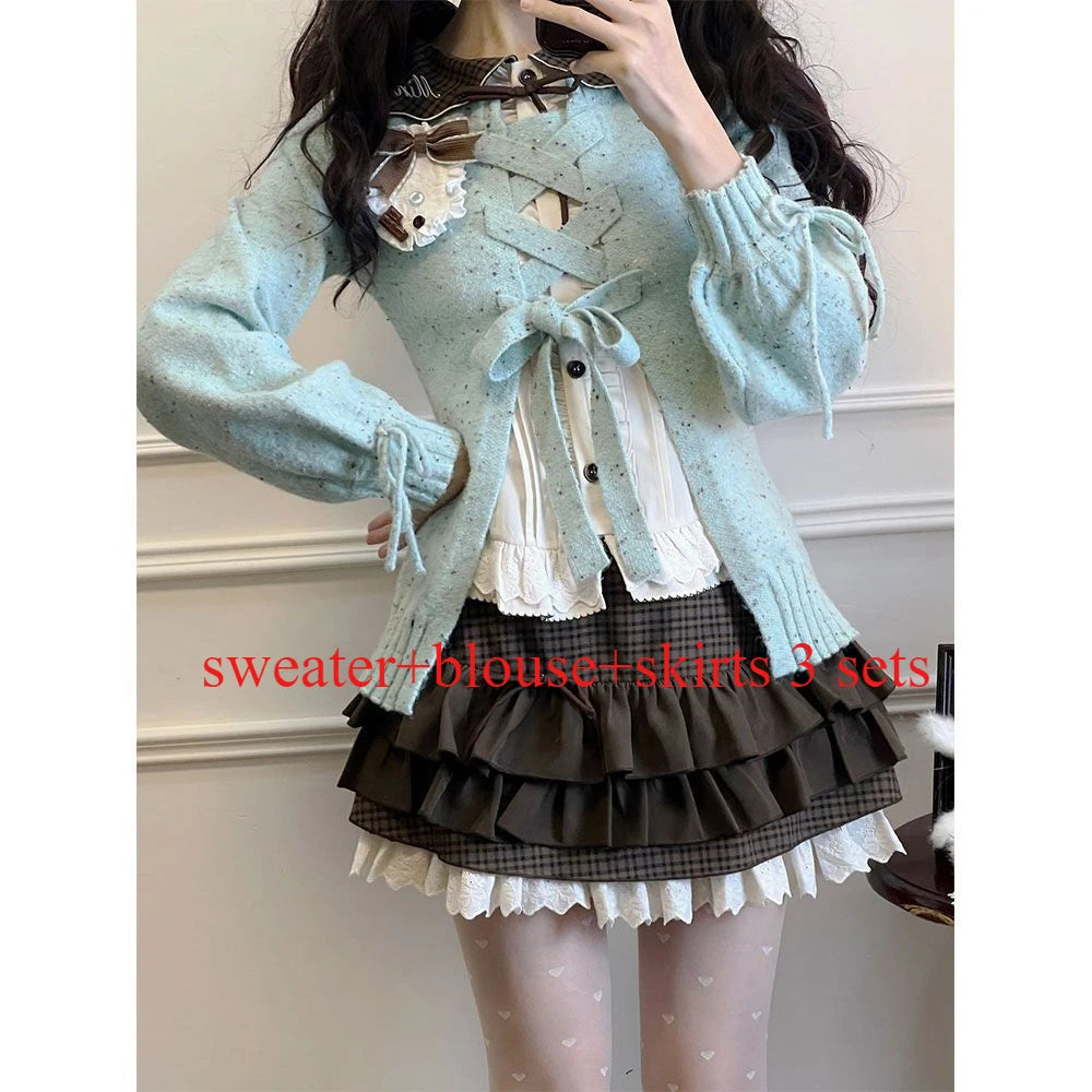 Doce Lolita Cardigans Mulheres Y2K Sweater Hollow Out suéter de bandagem Kawaii Pocket Pocket 2025 Japonês Casual Streetwear Tops JK Tops