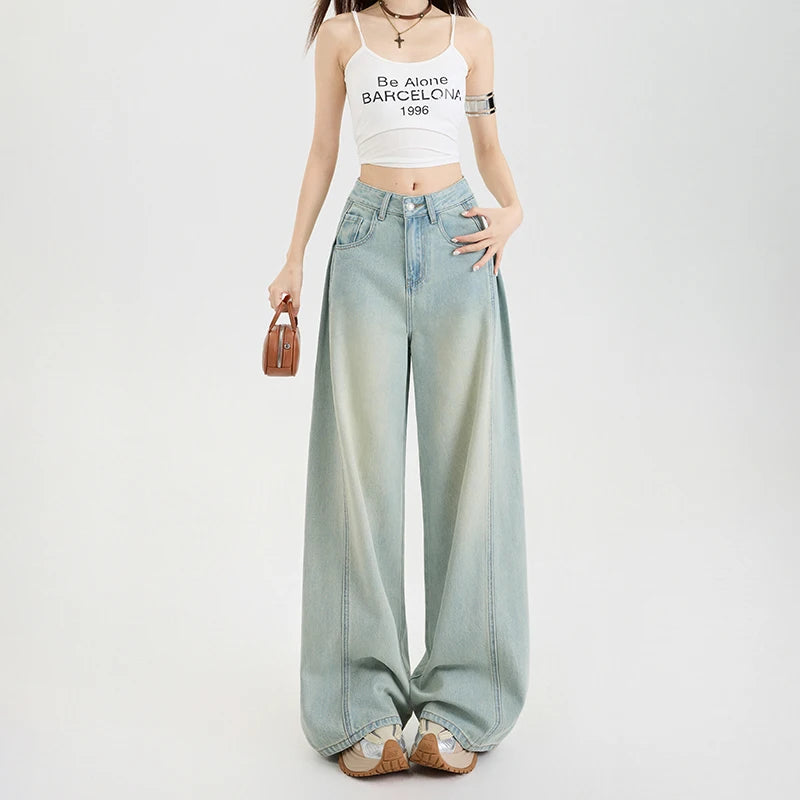 Summer Lyocell Thin Woman Jeans High Waist Wide Leg Denim Clothing Design Sense Comfort Straight Pant Retro Blue Casual Trousers