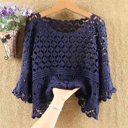 Women 2025 Spring Summer New Hook Flower Hollow Loose Pullovers Female Shawl Knitted Tops Ladies Short Jumper Sweater Tops W38