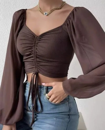 2024 Spring Summer New Sexy V-neck Chiffon Drawstring Lantern Sleeve Tight Fashion Sexy Short Style Waist Long Sleeve Shirt Top