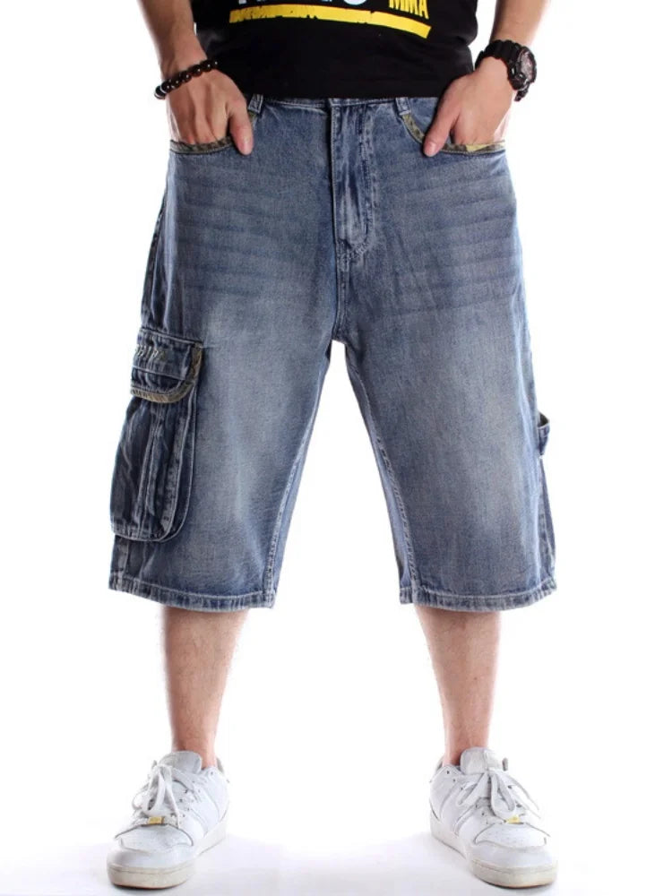 2025 Multiple pockets Mens Plus Size Loose Baggy Denim Shorts Fashion Streetwear Hip Hop Skateboard Cargo Jeans Short for Male