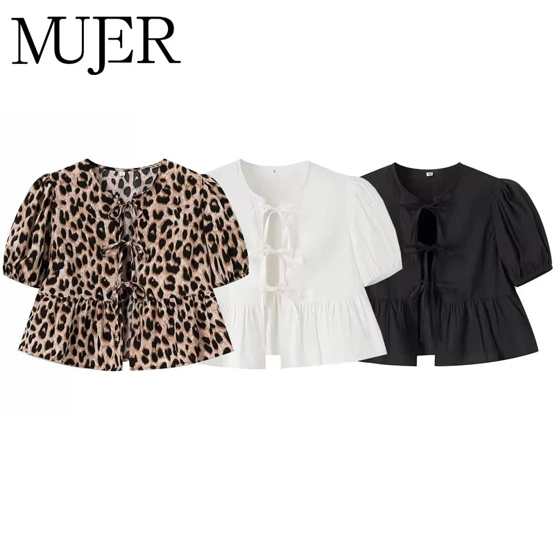 Mujer Leopard Print Crop Top Women Puff Sleeve Ruffle Bluses Woman 2025 Summer Shirts and Bluses for Women Ruched Ladies Tops