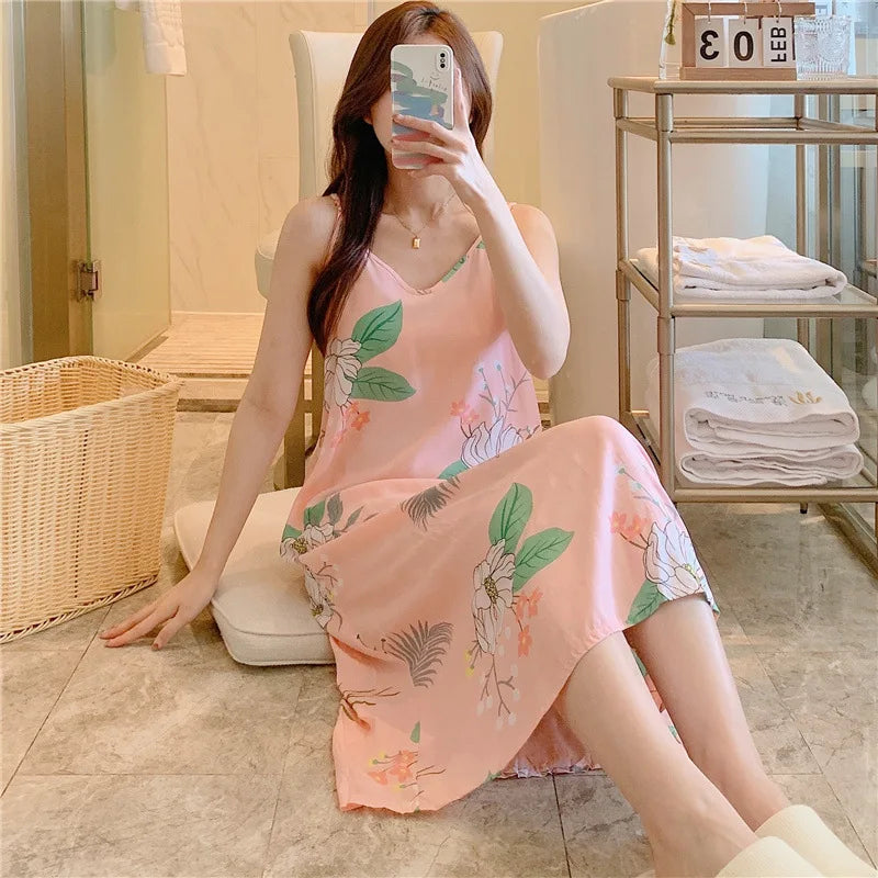 Abito da notte in cotone sottile sciolto da donna stampa stampa abbigliamento da sonno letto permanente per abito da notte carino indossare abiti da casa