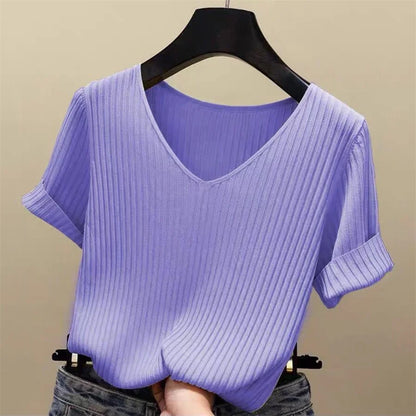 Bluse kvinner blusas mujer de moda verano kort erme bluse v-hals strikket bluse skjorte topper kvinner blusas df4907