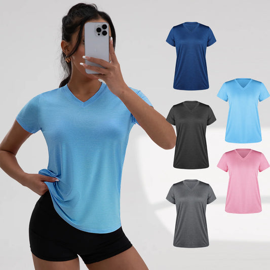 Femei V gât care rulează tricou sport vara cu mânecă scurtă respirabilă sală de gimnastică yoga slim fitness blat activ