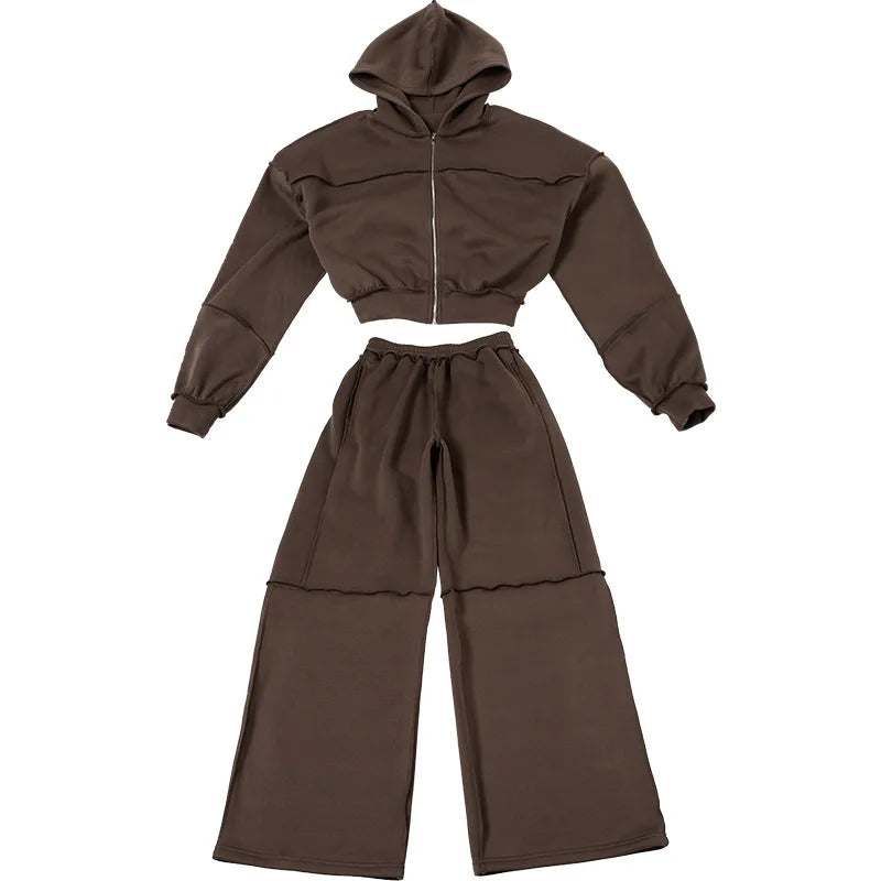 DSMTRC Autumn Winter Outfits High Street Lady Brown Suit Zipper Full Sleeve Hoodies+Low Waist Pants 2Pcs Tracksuit for Woman New