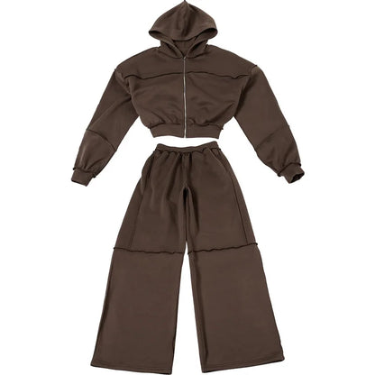 DSMTRC Autumn Winter Outfits High Street Lady Brown Suit Zipper Full Sleeve Hoodies+Low Waist Pants 2Pcs Tracksuit for Woman New