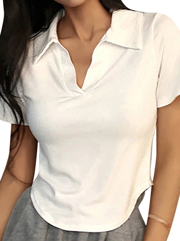 Summer Short Sleeve Lapel Top Women's Solid V-hals tröjor Retro söta skjortor Hot Girl Crop Top Kvinnlig Slim Merveile Tee