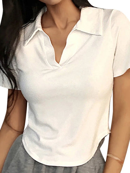 Summer Short Sleeve Lapel Top Women's Solid V-hals tröjor Retro söta skjortor Hot Girl Crop Top Kvinnlig Slim Merveile Tee