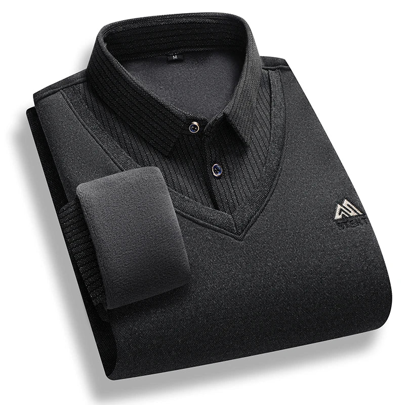 Men's Fleece Lined Sweater Polo Collar Pullover Tops Fake Two Piece Fashion Business Causal Pullovers Thick Winter Clothes