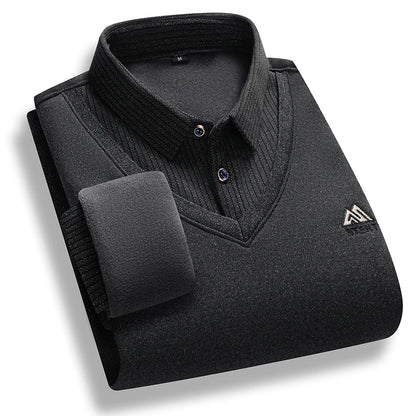 Men's Fleece Lined Sweater Polo Collar Pullover Tops Fake Two Piece Fashion Business Causal Pullovers Thick Winter Clothes