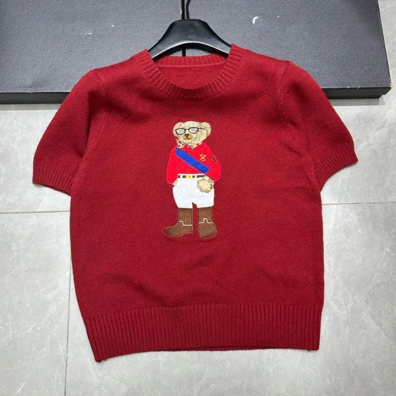 Eurooppalainen tyylinen luksusbrändi löysä O-kaula-aukkoa Pullover Tops Neule Woman Lyhythihainen T-paita Ladies Wooleulottu villapaita