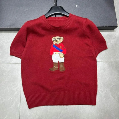 Eurooppalainen tyylinen luksusbrändi löysä O-kaula-aukkoa Pullover Tops Neule Woman Lyhythihainen T-paita Ladies Wooleulottu villapaita