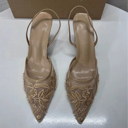 Damen Mesh Floral bestickter Slingback High Heels weibliche offene Ferse Perlen besetzt spitze Zehensandalen sexy Stiletto Lady Mules