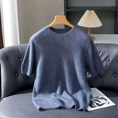 100% Mink Cashmere Knit Sweater Men's T-Shirt Spring Summer Loose O-Neck Solid Color Casual Business Base Pullover Short Sleeve