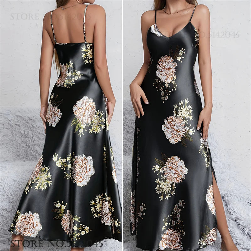 Women Long Nightgown Chemise Sleepwear Print Flower Suspender Nightdress Intimate Lingerie Summer Silk Satin Homewear Loungewear