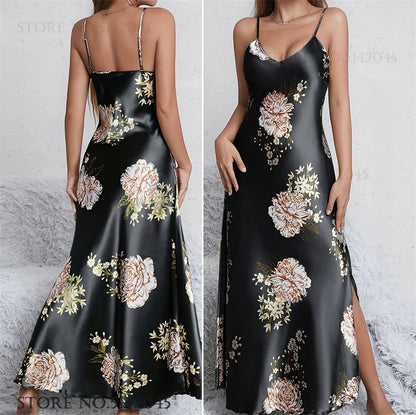 Women Long Nightgown Chemise Sleepwear Print Flower Suspender Nightdress Intimate Lingerie Summer Silk Satin Homewear Loungewear
