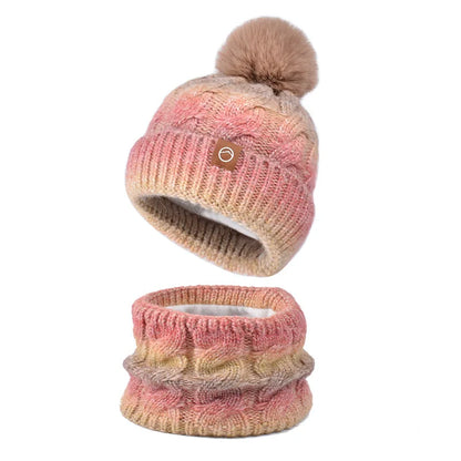 2pc/Set Winter Warm Ear Protecting Knitted Cap Scarf Fleece Thickened Gradient Color Knitted Woolen Cap Pom Ball Pullover Cap
