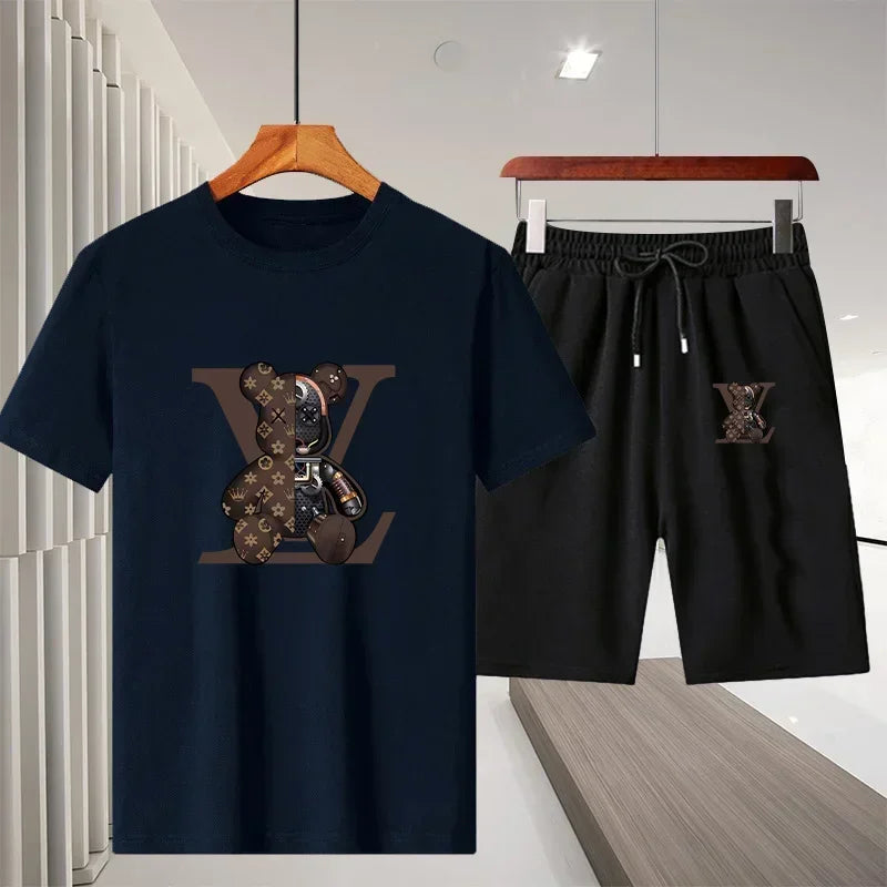 Ny 2025 Summer Leisure Men's Sports Suit Outdoor vandring Jogging Men's Short Sleeve Breattable T-shirt + Shorts Two-Piece Set