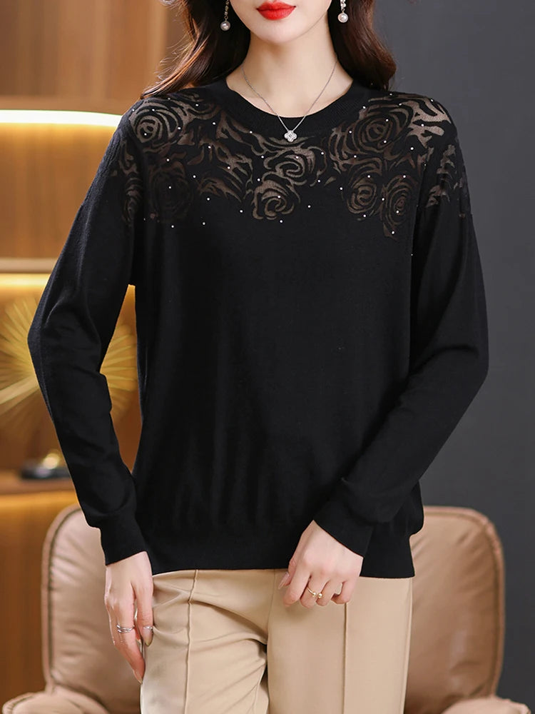 YISU Women Loose Sweater 2023 Autumn Winter O-Neck Long Sleeve Jumper Fashion Hollow Pattern Knitted Pullover Sweater Women